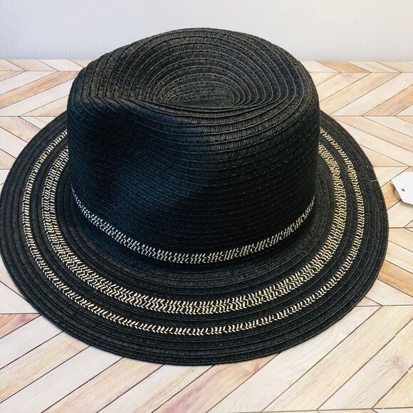 Time and Tru Women's Striped Straw Panama Hat, Black - Picture 2 of 5